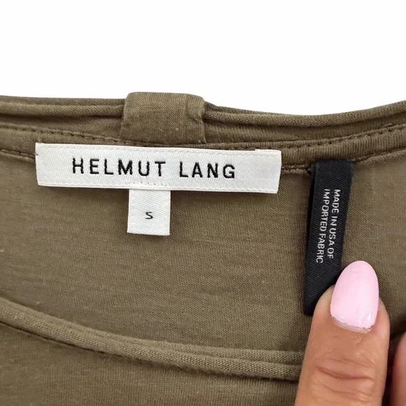 Helmut Lang Olive Green Distressed Sleeve Cashmere Cotton Tee - Picture 3 of 4